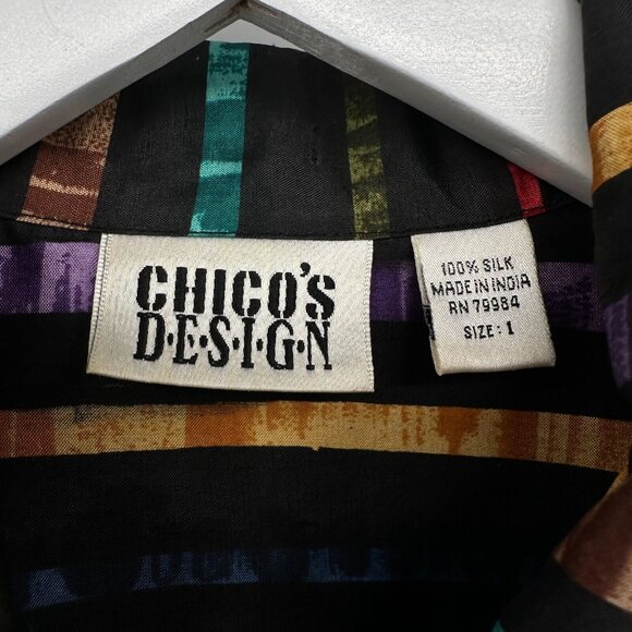 Vintage Chicos Design 100% Silk Top Shirt Shacket Size 1 US M 8 Patchwork Button - Picture 9 of 12